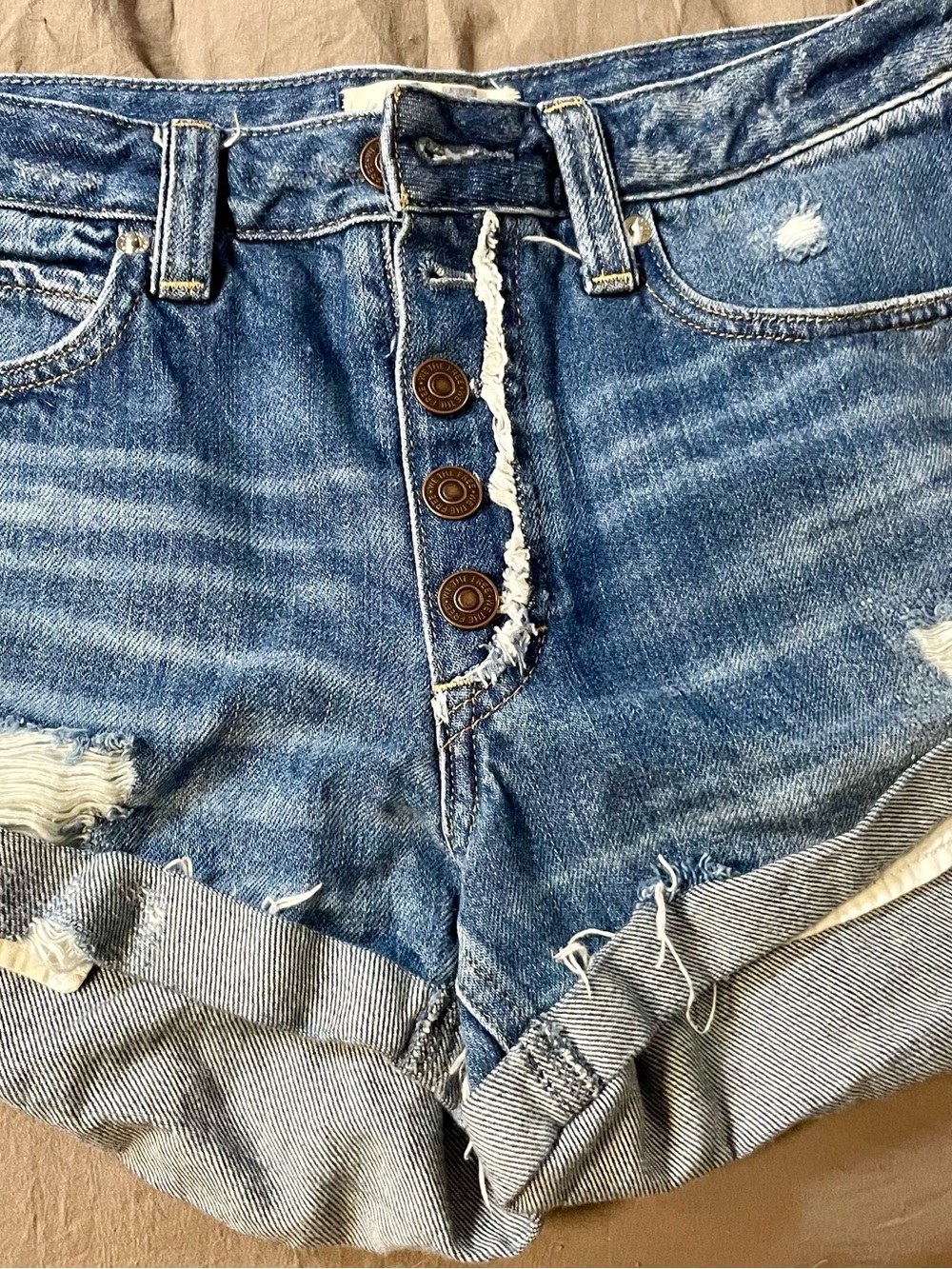We The Free Faded Blue Button-Fly Distressed Denim Shorts